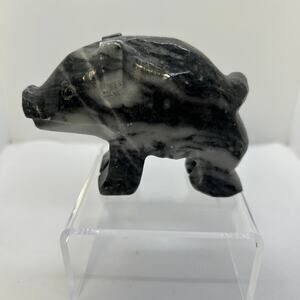 Carved Stone Granite  Boar Pig Black White 2 1/2 in tall